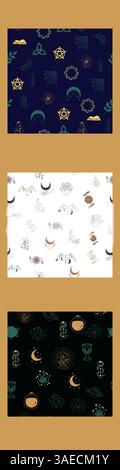 Vertical border, set Magic and heavens seamless pattern. Symbols and elements of the witchcraft theme Stock Vector