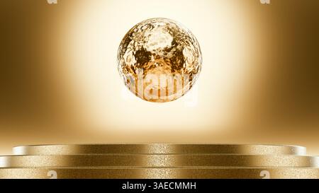 3D abstract wallpaper. Golden orb suspended in the air above a golden podium. High-resolution 8k futuristic background wallpaper. Stock Photo