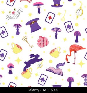 Wonderland pattern elements rabbit, Cheshire cat, flamingo cards hat cup and mushrooms and clock Stock Vector