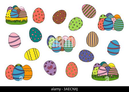 A vibrant set of decorated Easter eggs with various patterns. A collection of ornate eggs. Perfect for holiday designs, crafts, and festive decoration Stock Vector
