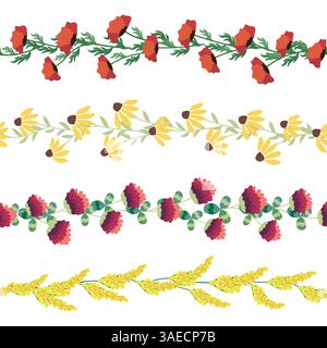 Chamomile, rudbeckia, clover, leaves, poppies, lilies of the valley, berries, tulips, assembled horizontal border seamless pattern Floral seamless bor Stock Vector
