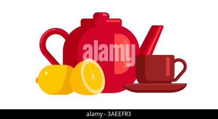 A vibrant red teapot sits beside a matching cup and saucer. Two lemons, one sliced in half to reveal showing its juicy interior. Flat vector illustrat Stock Vector