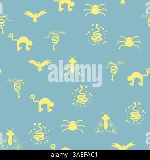 Silhouettes Magic symbols seamless pattern, with magical elements such as snake, eye, tarot cards, hand, skull, potion, moon, butterfly, mushrooms, st Stock Vector
