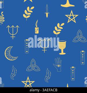 Silhouettes Magic symbols seamless pattern, with magical elements such as snake, eye, tarot cards, hand, skull, potion, moon, butterfly, mushrooms, st Stock Vector