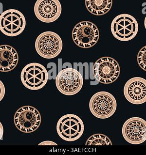 Seamless pattern ancient Slavic symbols. Star of the arkgamma, kolovrat, trixel, valknut, celtic cross and other Slavic symbol, decorated with ornamen Stock Vector