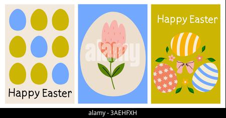Colorful Easter decorations with eggs and flowers displayed during spring celebrations Stock Vector