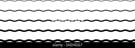 Horizontal wavy lines with different thicknesses. Undulated borders. Water, fluid, air or wind symbols. River, sea, lake or ocean signs isolated on white background. Vector graphic illustration. Stock Vector