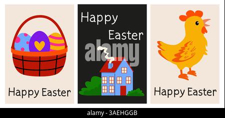 Decorative Easter cards featuring eggs, a house, and a chick in single design layout Stock Vector