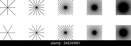 Set of straight radial lines in square frames. Sun rays or snowflakes symbols isolated on white background. Radiance, explosion or firework patterns. Vector graphic illustration. Stock Vector