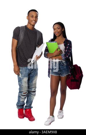 Happy smiling boy and girl friends students classmates standing together carrying books, notepads, bag and backpack, on white, Atlanta, USA, North Ame Stock Photo