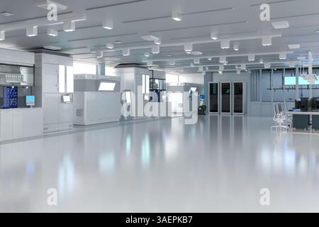 3d rendering white futuristic semiconductor manufacturing factory or laboratory interior Stock Photo