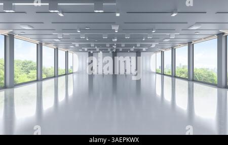 Green office space concept with 3d rendering empty office space or workspace with greenery view of city background Stock Photo
