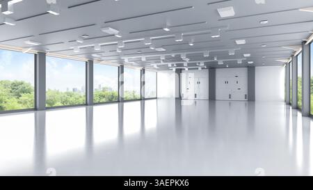 Green office space concept with 3d rendering empty office space or workspace with greenery view of city background Stock Photo