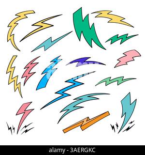 color thunder doodle set Stock Vector