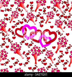 Festive Valentine's Day pattern featuring bouquets of hearts, envelopes with hearts, and interlocking pink and red hearts on a white background Stock Photo