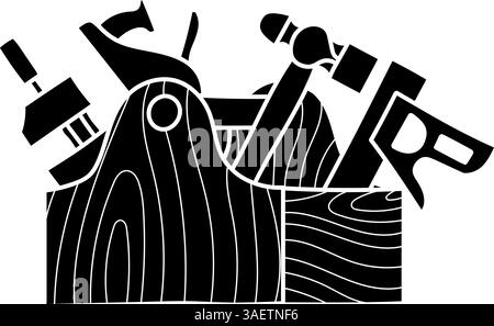 Tools in wooden toolbox black hand drawn icon Stock Vector