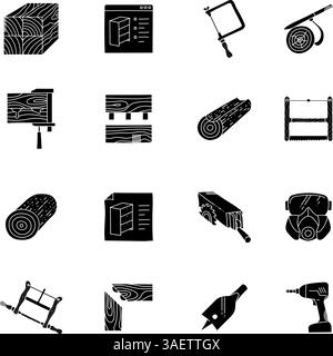 black hand drawn woodworking icon set Stock Vector