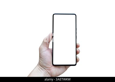 Smartphone hand holding white back. Hand holding back of the smartphone on isolated white background. Clipping path. Stock Photo