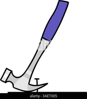 hammer pulling nail hand drawn color vector illustration Stock Vector