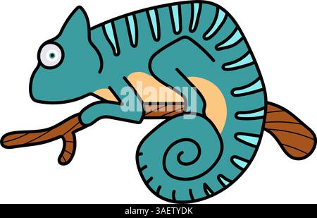 chameleon on tree branch hand drawn color vector illustration Stock Vector