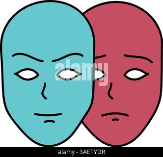 deep fake two face masks with different moods hand drawn color vector illustration Stock Vector
