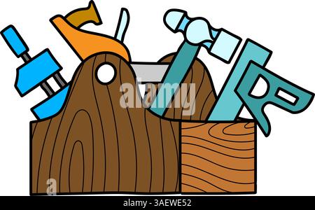 tools in wooden toolbox hand drawn color vector illustration Stock Vector