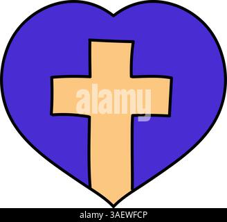 christian cross inside heart shape hand drawn color vector illustration Stock Vector