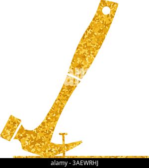 Hammer pulling nail drawing in gold color style Stock Vector