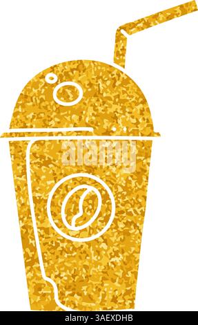Coffee drink plastic cup with straw drawing in gold color style Stock Vector