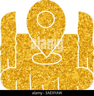 drawing in gold color style map pin on curled paper icon Stock Vector