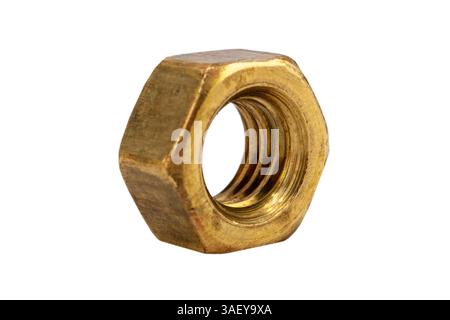 Macro shot brass nut isolated on white background. Chromed screw brass nut isolated. Brass nut isolated. Nuts and bolts. Stock Photo