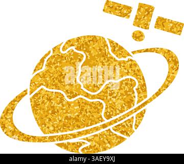 Satellite orbiting earth drawing in gold color style Stock Vector