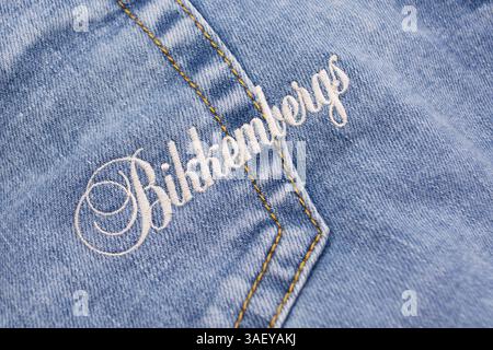 Limassol, Cyprus, February 15, 2025: Bikkembergs logo on the modern jeans. Dirk Bikkembergs sign. Brand of the Fashion creator Stock Photo