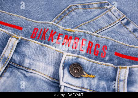 Limassol, Cyprus, February 15, 2025: Bikkembergs logo on the modern jeans. Dirk Bikkembergs sign. Brand of the Fashion creator Stock Photo
