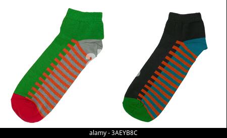 Socks with different lines isolated on white background. Colorful socks son white background. Colored socks isolated on white background Stock Photo
