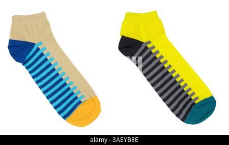 Socks with different lines isolated on white background. Colorful socks son white background. Colored socks isolated on white background Stock Photo