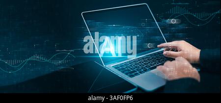Artificial intelligence to make business more efficient, Human use computer AI symbol surrounded by digital icons and data flows, representing artific Stock Photo