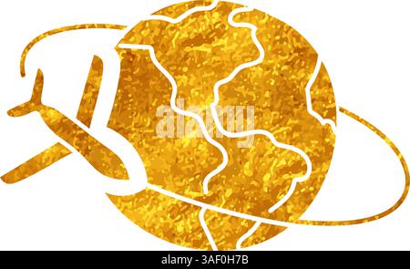 Airplane orbiting earth drawing in gold color style Stock Vector