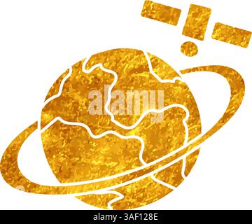 Satellite orbiting earth drawing in gold color style Stock Vector