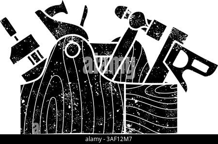 Tools in wooden toolbox black hand drawn icon in grunge look Stock Vector
