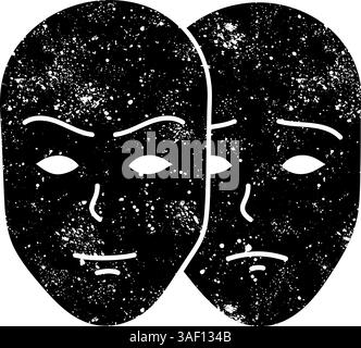 Deep fake icon two face masks with different moods black hand drawn icon in grunge look Stock Vector