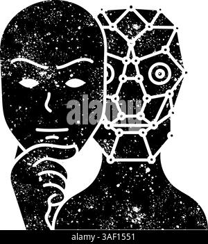 Deep fake concept robot wearing human face mask black hand drawn icon in grunge look Stock Vector
