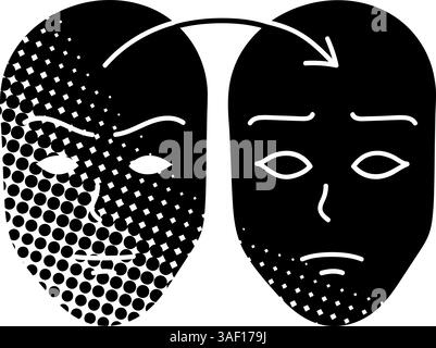 Deep fake icon face swap black hand drawn icon in halftone texture style Stock Vector