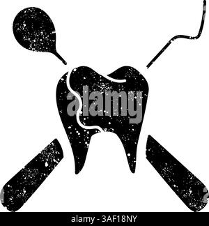 Dentist tooth and tools black hand drawn icon in grunge look Stock Vector