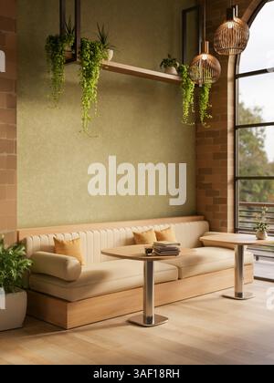 The long fabric sofa and round stool tables in a cafe or a lounge with green painted and brick wall. Cosy Interior. 3D Rendering, 3D Illustration. Stock Photo