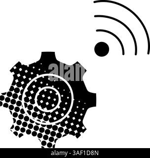 Wireless connected industrial black hand drawn icon in halftone texture style Stock Vector