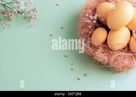 Yellow Easter eggs in nest with white flowers on green background, minimal spring holiday composition. Top view, copy space. Stock Photo
