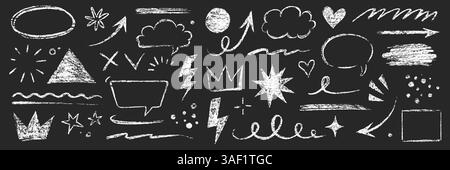 Arrow line chalk brush hand drawn sketch element set. Grunge square, heart, arrow element scribble line brush hand drawn pencil sketch. Texture chalk, crayon pencil style. Vector illustration Stock Vector