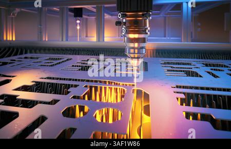 Industrial laser cutting metal sheet in modern factory 3d Stock Photo
