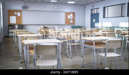 Empty classroom  with wooden desks and chairs 3d Stock Photo